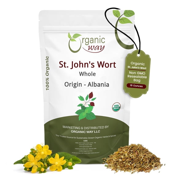 Organic Way St. John's Wort Whole (Hypericum perforatum) - European Wild-Harvest | Organic & Kosher Certified | Vegan, Non GMO & Gluten Free | USDA Certified | Origin - Albania (1LBS / 16Oz)