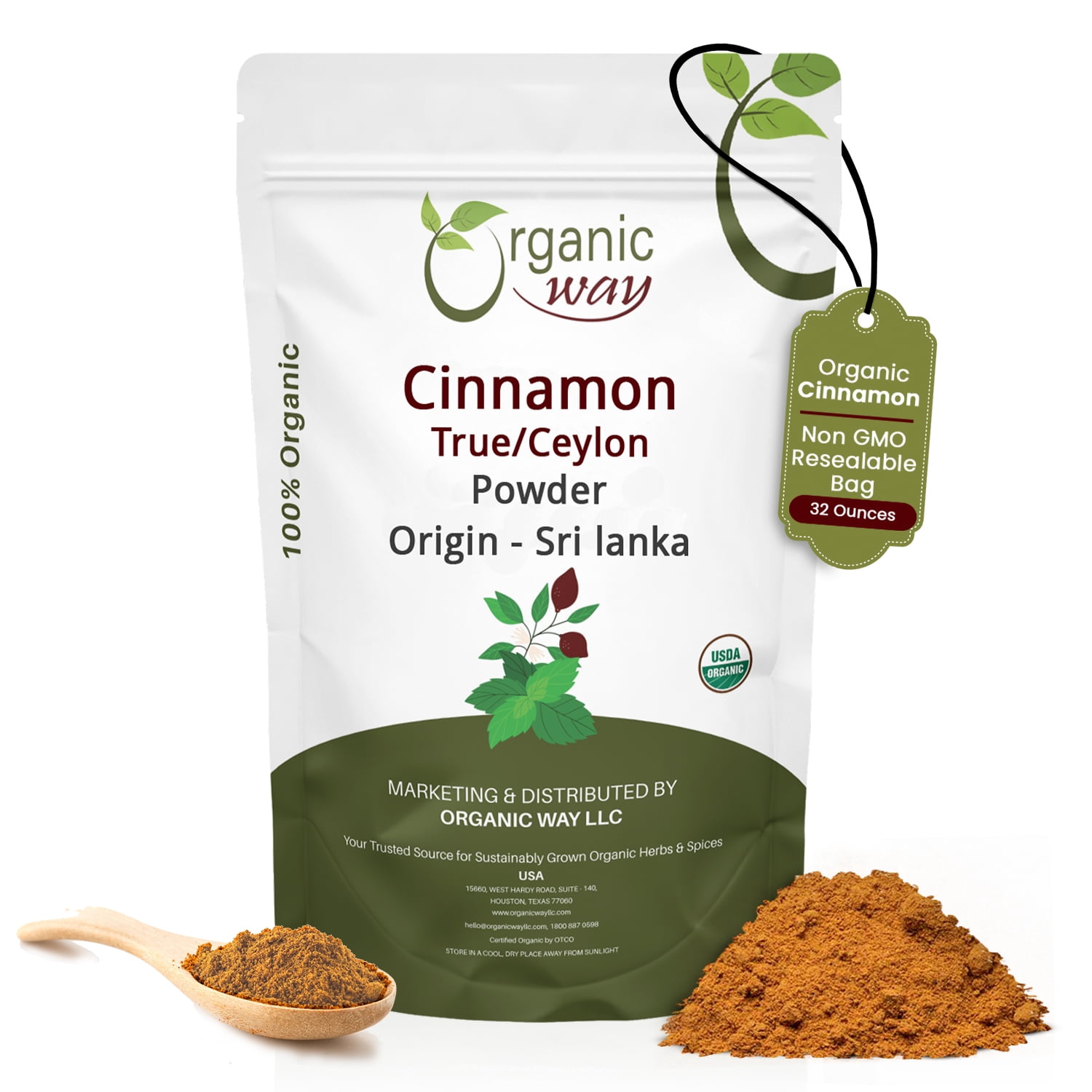 Organic Way True Ceylon Cinnamon Powder (Cinnamomum Verum) - Adds Flavour | Organic & Kosher Certified | Non GMO & Gluten Free | USDA Certified | Origin - Sri Lanka (2 LBS / 32 Oz)