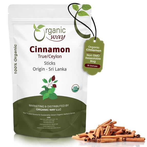 Organic Way True Ceylon Cinnamon Sticks (Cinnamomum Verum) - Adds Flavour | Organic & Kosher Certified | Raw, Vegan, Non GMO & Gluten Free | USDA Certified | Origin - Sri Lanka (1LBS / 16Oz)