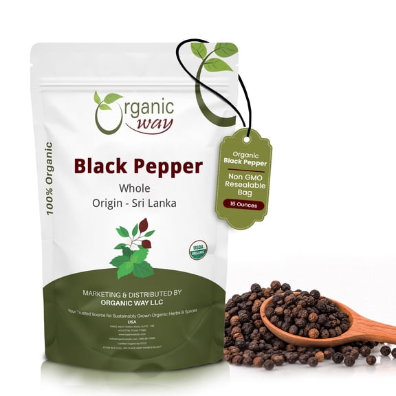 Organic Way Whole Black Pepper (Black Tellicherry Peppercorn) - Grinder Refill | Adds Flavour | Organic & Kosher Certified | Non GMO & Gluten Free | USDA Certified | Origin - India (1 LBS / 16 Oz)