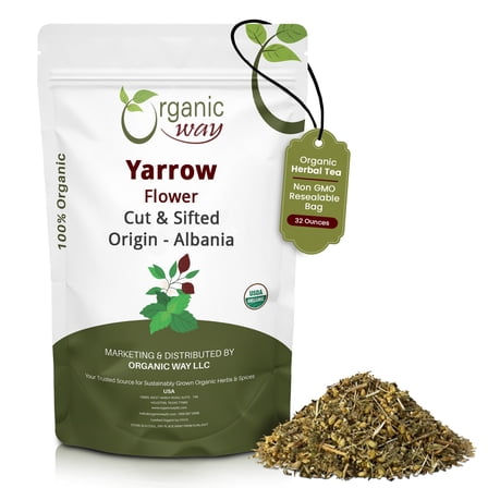 Organic Way Yarrow Flower Cut & Sifted (Achillea millefolium) - Herbal Tea | European Wild-Harvest | Kosher & USDA Certified | Vegan, Non-GMO & Gluten Free | 100% Raw from Albania (1/2LBS / 8Oz.)