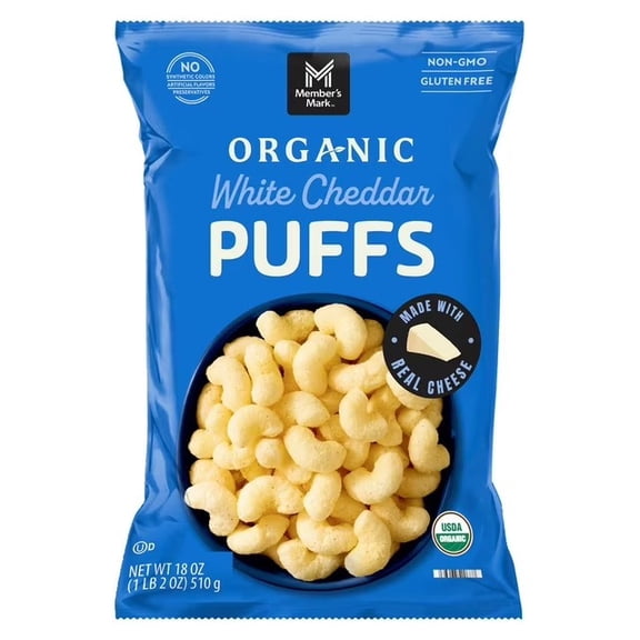 Organic White Cheddar Puffs, 18 oz Baked Corn Snacks, Light & Crunchy, Real Cheese Flavor, Gluten Free