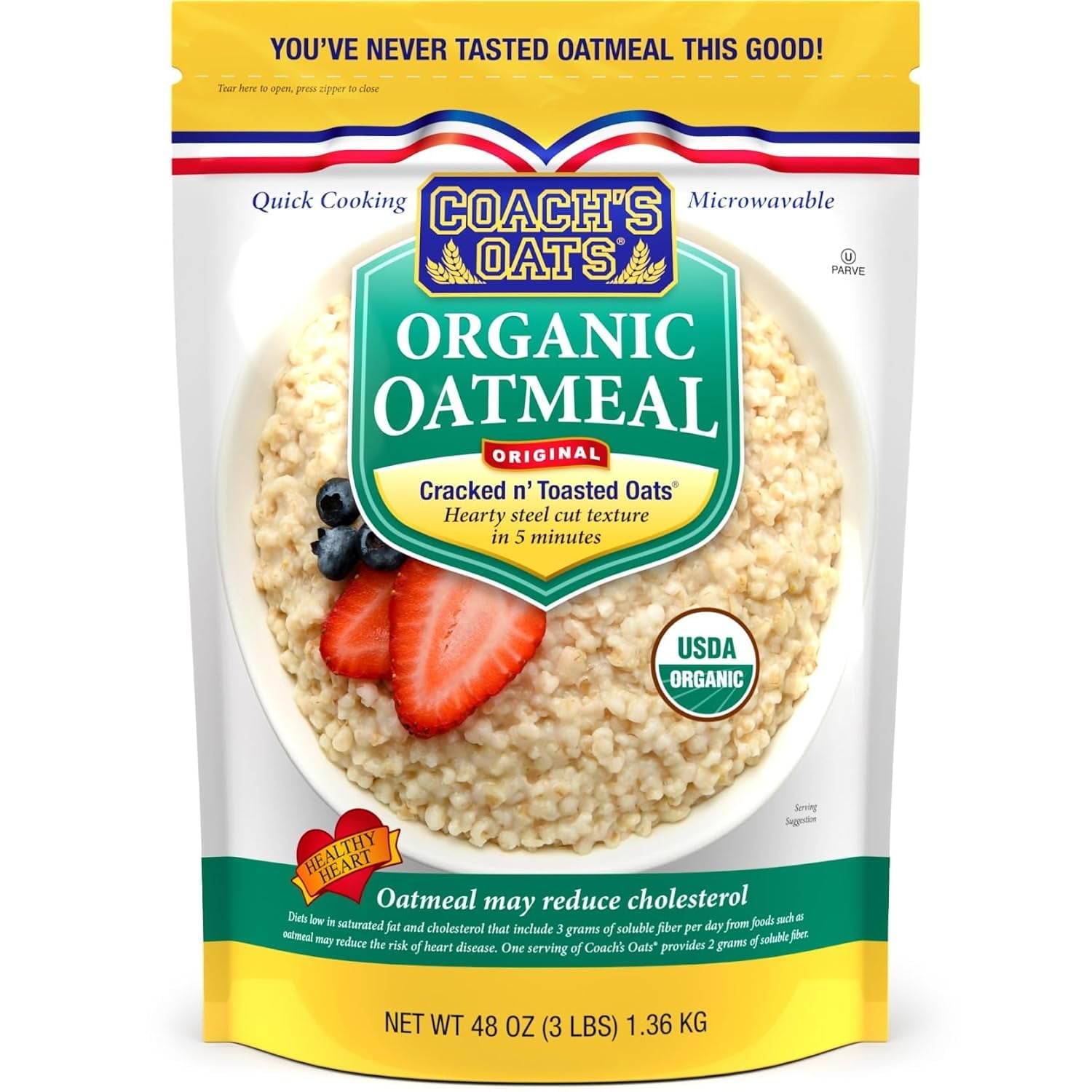 Coach's Oats Organic Whole Grain Oatmeal, 3 lbs, Steel Cut, Instant