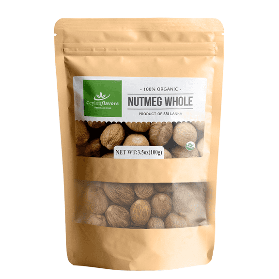 Organic Whole Nutmeg (3.5 oz), Premium Grade, Harvested & Packed from a USDA Certified Organic Farm in Sri Lanka (stand up resealable pouch)