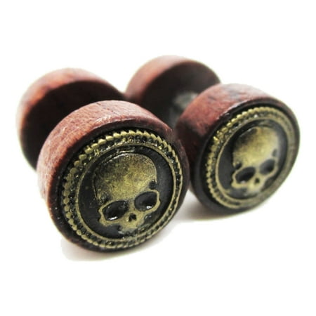 Organic Wood w/ Metal Skull Emblem Stud Post Earrings - New - Pair!