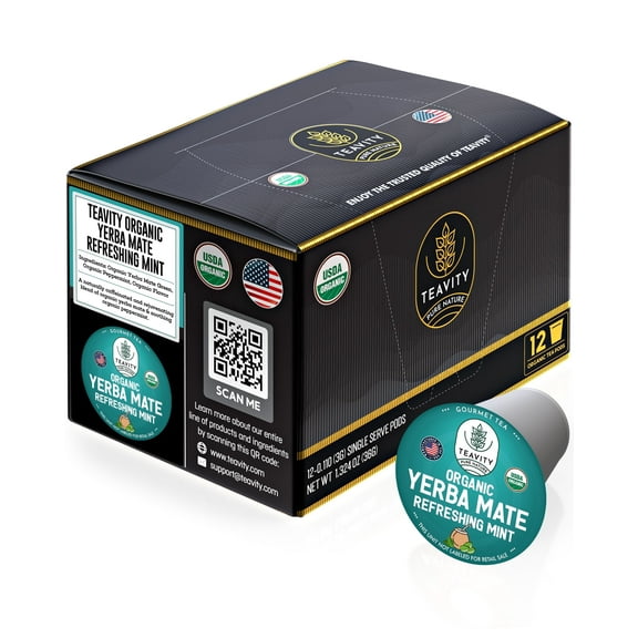 Organic Yerba Mate Refreshing Mint Tea Pods Compatible with Keurig Brewers by Teavity - 12 Tea Pods
