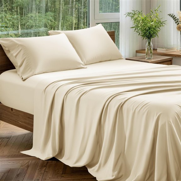 Organically Grown Viscose Sheet Set with Pockets Side | Hotel Luxury Bed Sheets Set, Deep Pocket Up to 16 Inches, Ultra Soft Cooling Sheets 4 count (Beige)