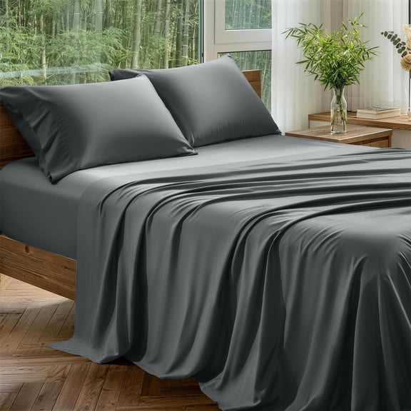 Organically Grown Viscose Sheet Set with Pockets Side | Hotel Luxury Bed Sheets Set, Deep Pocket Up to 16 Inches, Ultra Soft Cooling Sheets 4 count (Dark Grey)
