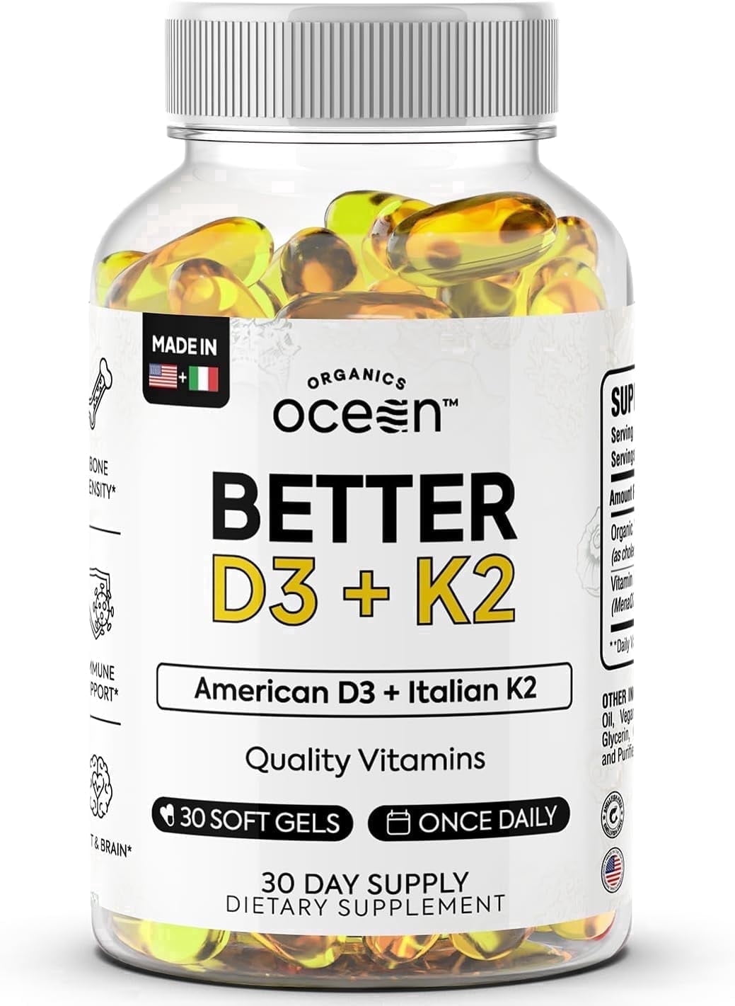 Organics Ocean Better D3 + K2 Supplement – Vitamin D3 3000 IU & K2 MK-7 – 30 Softgels – Bone, Immune & Calcium Support
