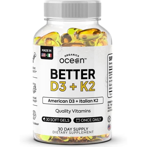 Organics Ocean Better D3 + K2 Supplement Vitamin D3 3000 IU & K2 MK-7 30 Softgels Bone, Immune & Calcium Support