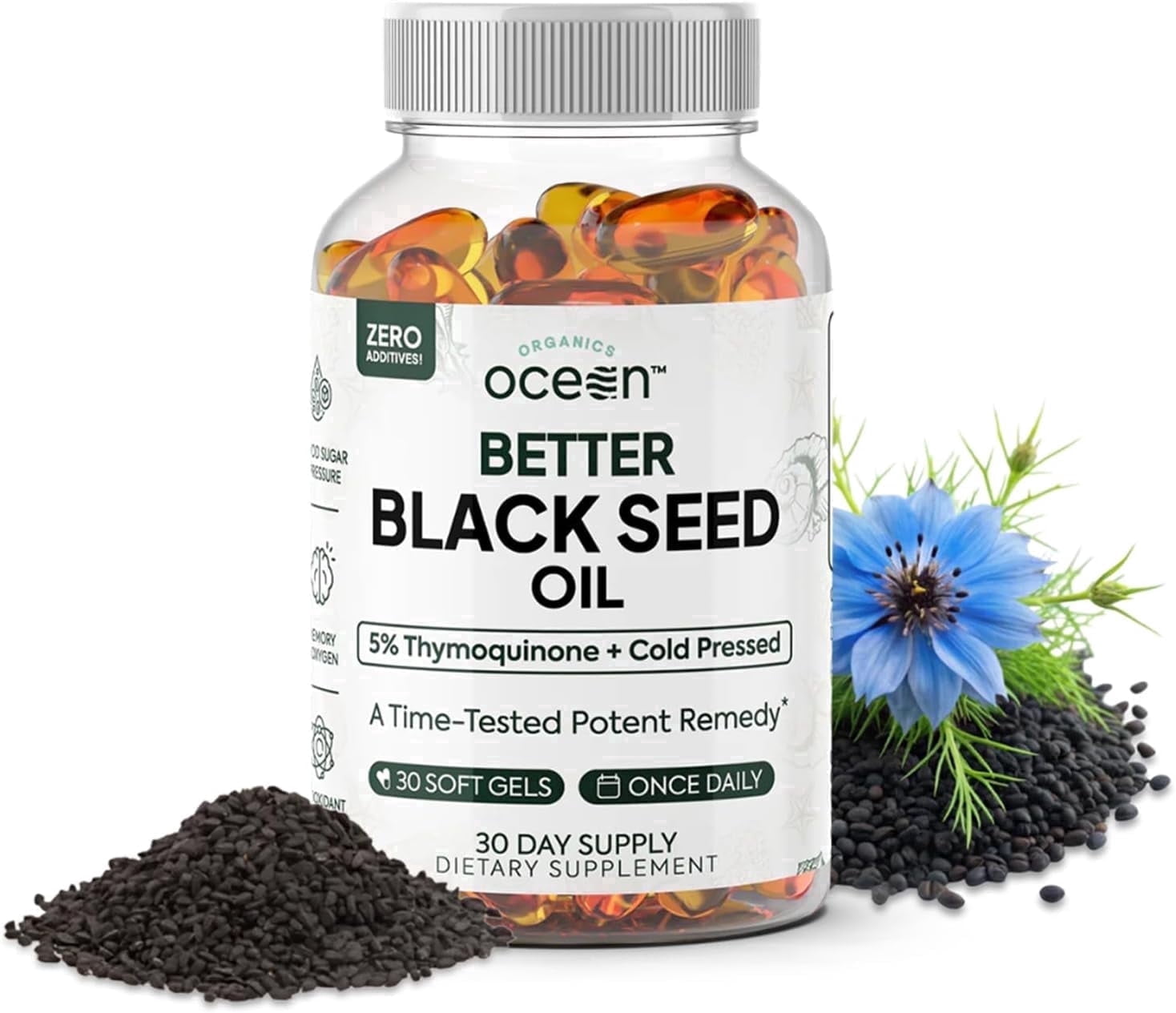 Organics Ocean Better Black Seed Oil Cold Pressed - Pure Nigella Sativa Oil for Immune Support - 5% Thymoquinone - Support Memory, Vitality, and Cellular Health