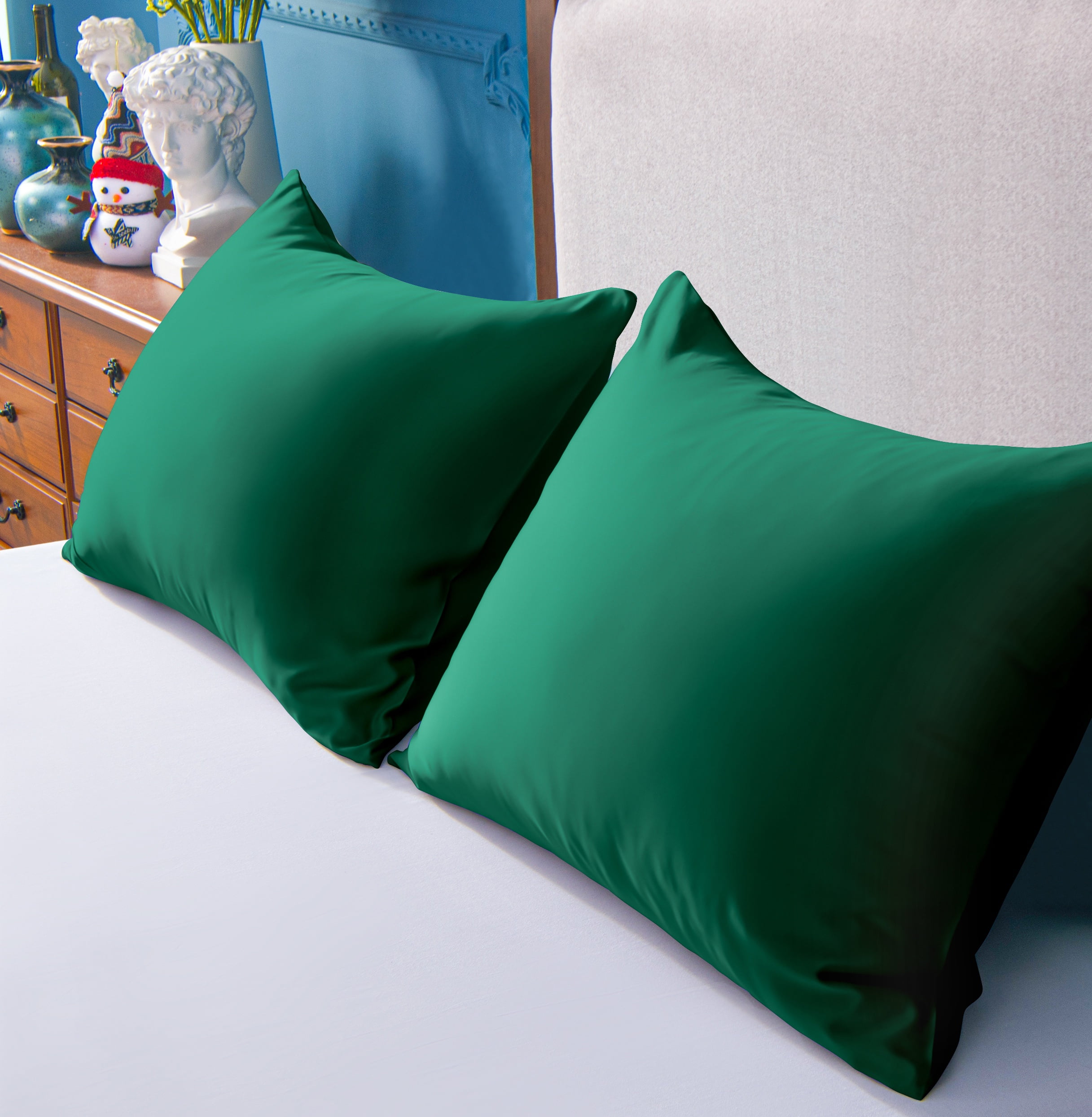 Organictune 2 Pack Silky Matte Satin Pillowcases with Zipper Breathable and Cooling Pillow Cases for hair and skin Dark Green King 20 x 36