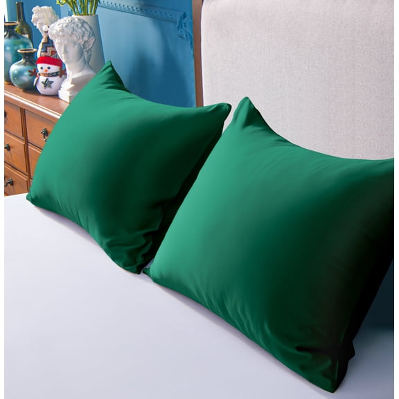 Organictune 2 Pack Silky Matte Satin Pillowcases with Zipper, Breathable and Cooling Pillow Cases for hair and skin, Dark Green, Queen, 20" x 30"