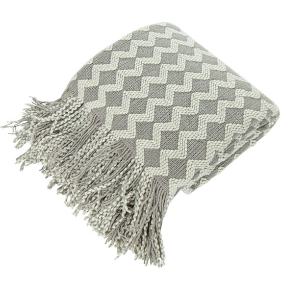 Organictune All Season Knitted Acrylic Throw Blanket, Warm and Lightweight Decorative Blanket for Couch, Sofa, Bed, Reversible, 51" x 67 " with 7" tassels, Light Gray Wave