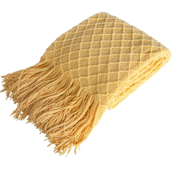 Organictune All Season Knitted Acrylic Throw Blanket, Warm and Lightweight Decorative Blanket for Couch, Sofa, Bed, Reversible, 51" x 67 " with 7" tassels, Yellow Checkered