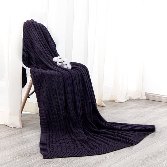 Organictune Cotton Cable Knitted Throw Blanket, Lightweight and Breathable Soft Blanket for Sofa and Bed, 51" x 67", Dark Purple