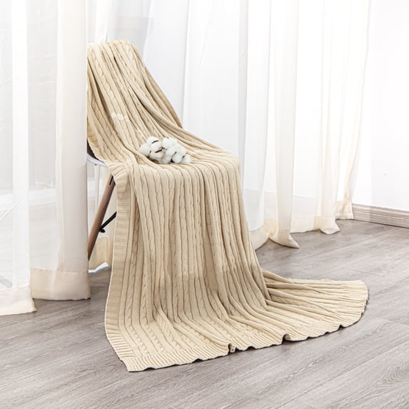 Organictune Cotton Cable Knitted Throw Blanket, Lightweight and Breathable Soft Blanket for Sofa and Bed, 60" x 80", Khaki