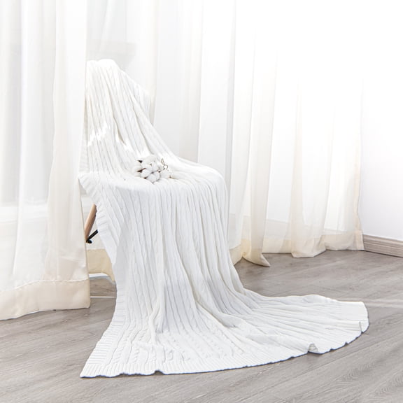 Organictune Cotton Cable Knitted Throw Blanket, Lightweight and Breathable Soft Blanket for Sofa and Bed, 60" x 80", White