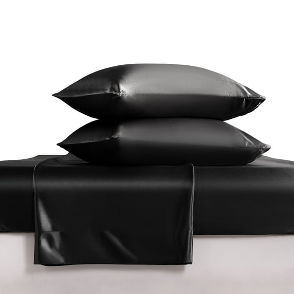Luxury Satin Full Sheet Set, Black 4-Piece, Silky Deep Pocket Fitted Sheet for Hair and Skin