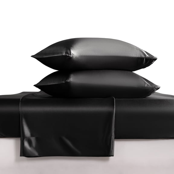 Luxury Satin Twin Sheet Set, Black 3-Piece, Silky Deep Pocket Fitted Sheet for Hair and Skin