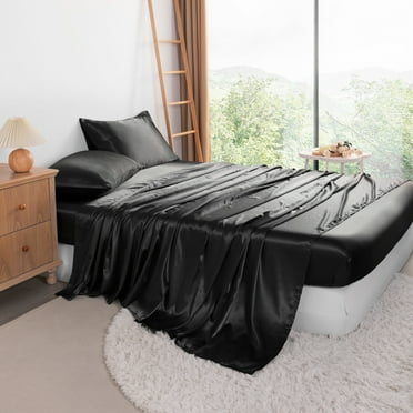 Organictune Ultra Soft and Breathable Satin Bed Sheet Set, Luxury Silky Bedding Set with Deep Pocket, Black, Twin, 3 Piece