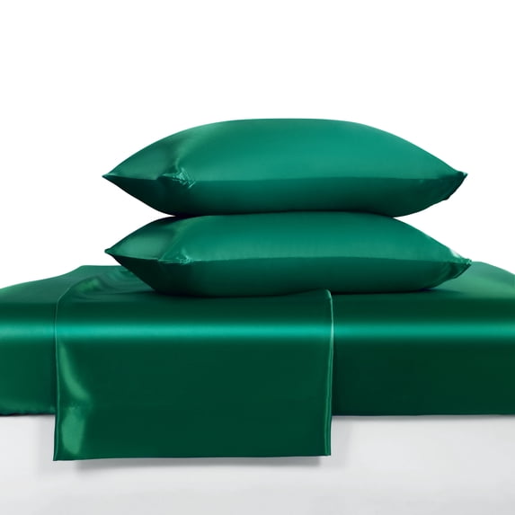 Luxury Satin Full Sheet Set, Dark Green 4-Piece, Silky Deep Pocket Fitted Sheet for Hair and Skin