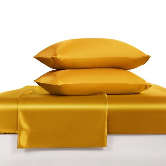Luxury Satin Queen Sheet Set, Gold Yellow 4-Piece, Silky Deep Pocket Fitted Sheet for Hair and Skin