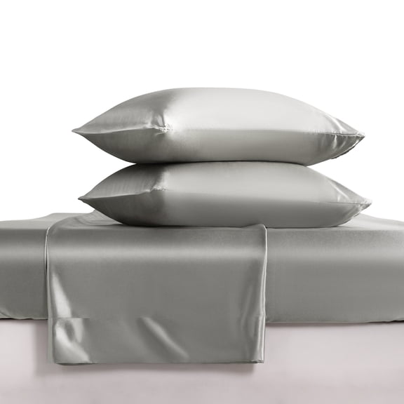 Luxury Satin King Sheet Set, Gray 4-Piece, Silky Deep Pocket Fitted Sheet for Hair and Skin
