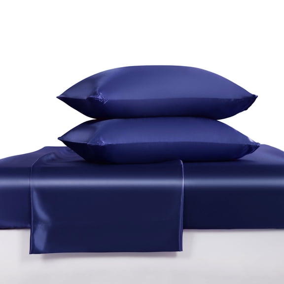 Luxury Satin Twin-XL Sheet Set, Navy Blue 3-Piece, Silky Deep Pocket Fitted Sheet for Hair and Skin
