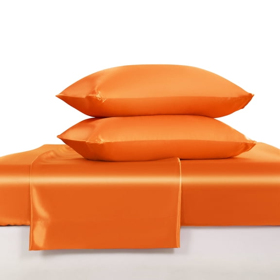 Luxury Satin California King Sheet Set, Orange 4-Piece, Silky Deep Pocket Fitted Sheet for Hair and Skin
