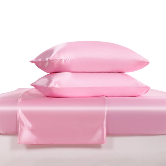 Luxury Satin Queen Sheet Set, Pink 4-Piece, Silky Deep Pocket Fitted Sheet for Hair and Skin