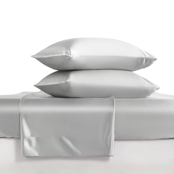 Luxury Satin California King Sheet Set, Silver Gray 4-Piece, Silky Deep Pocket Fitted Sheet for Hair and Skin