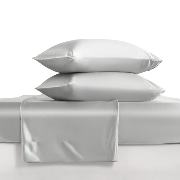 Luxury Satin Full Sheet Set, Silver Gray 4-Piece, Silky Deep Pocket Fitted Sheet for Hair and Skin