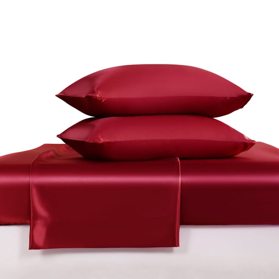 Luxury Satin King Sheet Set, Wine Red 4-Piece, Silky Deep Pocket Fitted Sheet for Hair and Skin