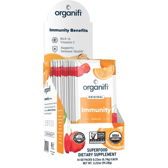 Organifi Immunity - Organic Superfood Immunity Support - 14 Single Serve Packets - Immunity Powder for T Cell Production and Upper Respiratory Health - Mushroom Beta Glucans, Vitamin C, D and Zinc