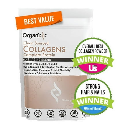Organixx Clean Sourced Collagen Powder, Hydrolyzed Protein Powder Collagen Peptides with Vitamin C, and Types I, II, III, V, X, For Skin, Joints, Hair & Nails, Unflavored, 30 Servings
