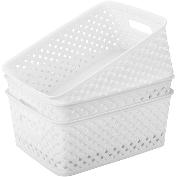 Organization and Storage 3 Packs, Plastic Bins Organizer Bins, Woven Baskets for Storage, Plastic Baskets with Handles, White Basket for Organizing, Basket Organizer for Home and Office, Small