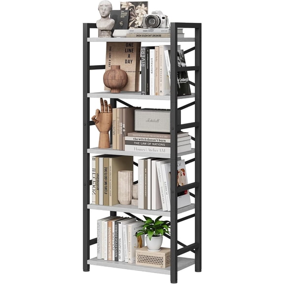 Organization and Storage, 5 Tier Bookshelf, Tall Bookcase with Shelves, Wood and Metal Book Shelf Storage Organizer, Industrial Display Standing Shelf Unit for Bedroom, White