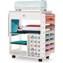 Organization and Storage Cart Compatible with Cricut Machine, Rolling Craft Storage Organizer with Vinyl Roll Holder, Crafting Cabinet Table Workstation for Craft Room Home - Compact Removable