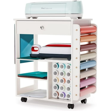 Organization and Storage Cart Compatible with Cricut Machine, Rolling Craft Storage Organizer with Vinyl Roll Holder, Crafting Cabinet Table Workstation for Craft Room Home - Compact Removable