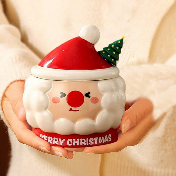 Organization Storage - Festive Santa Claus Relief Mug Set With Lid Spoon Lovely Ceramic Coffee Cup For Home Unisex Gift Couples Cup Souvenir Storage