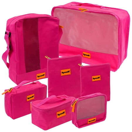 Organizatto Cosmetics Travel Organizer 7-in-1 Set - Seven Portable Zippered Travel Handbags with Mesh Openings in PINK - 7 PC