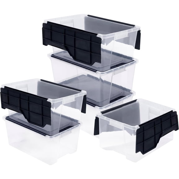 Organize-It! 28 Quart Mini Flip-Top Tote, Stackable Storage Bins, Clear/Black, 6 Pack
