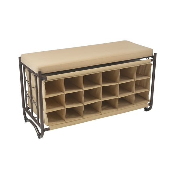 Organize It All 3 Tier 18 Pair Shoe Rack and Bench in Tan with Bronze Metal Frame