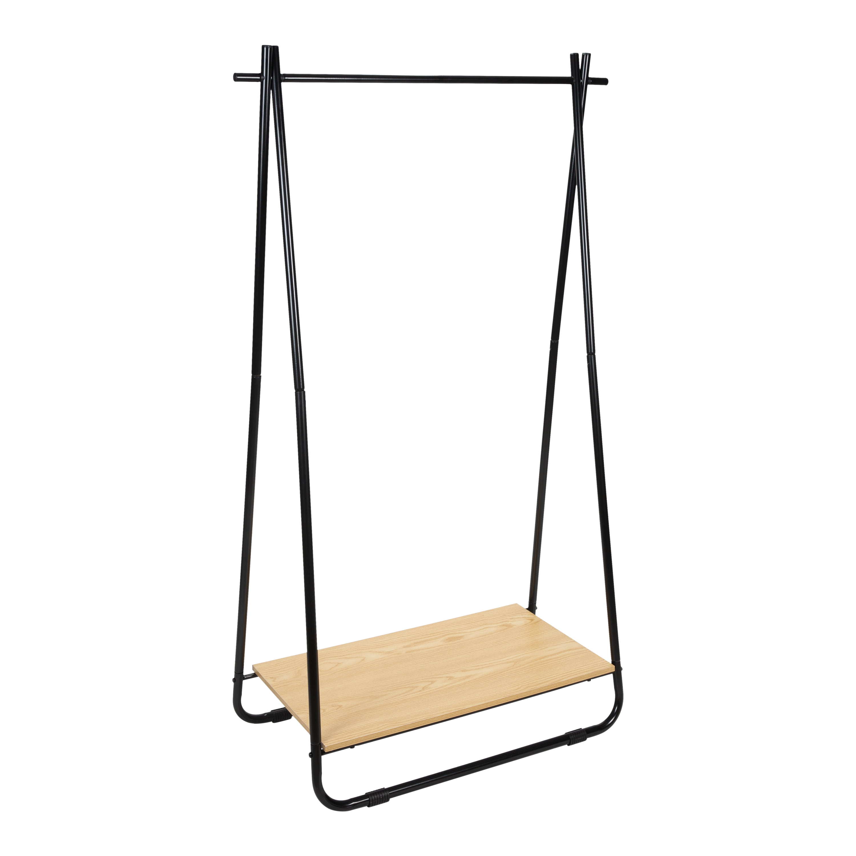 Black Metal Garment Rack with Light Brown Wooden Shelf