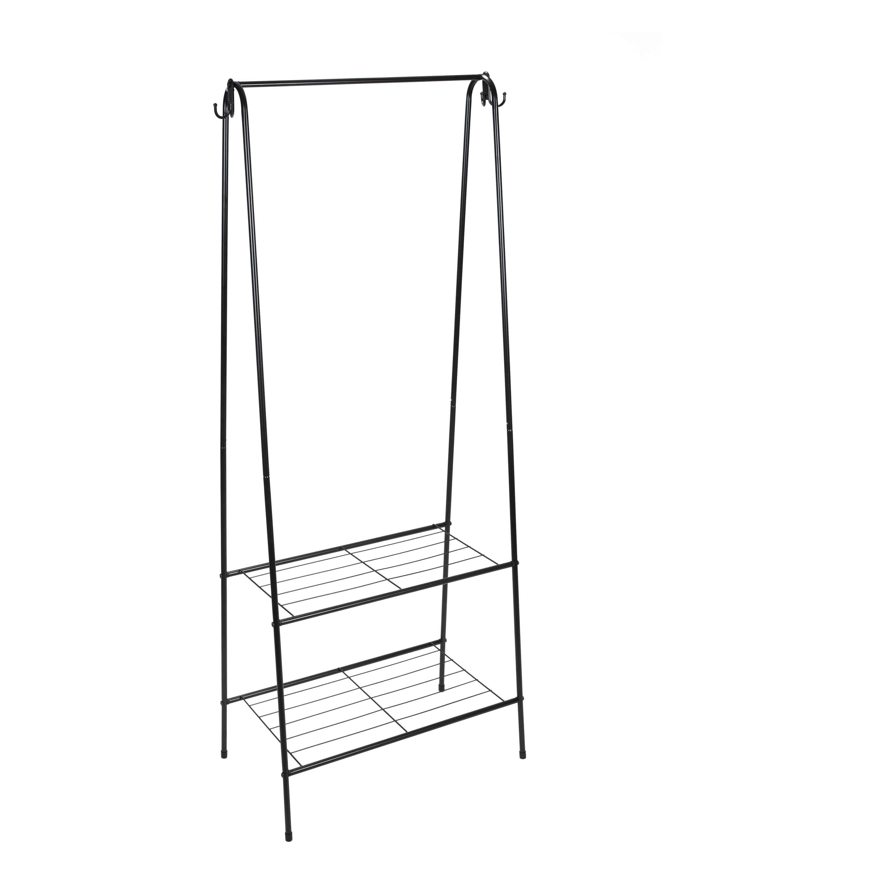 Black Metal Freestanding Clothing Rack with Shelves and Hooks