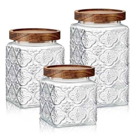VEYRRINOUX Versatile 3-piece Set of Thickened Glass Mason Jars, Premium Acacia Wood Airtight Lid Glass Food Storage Canisters