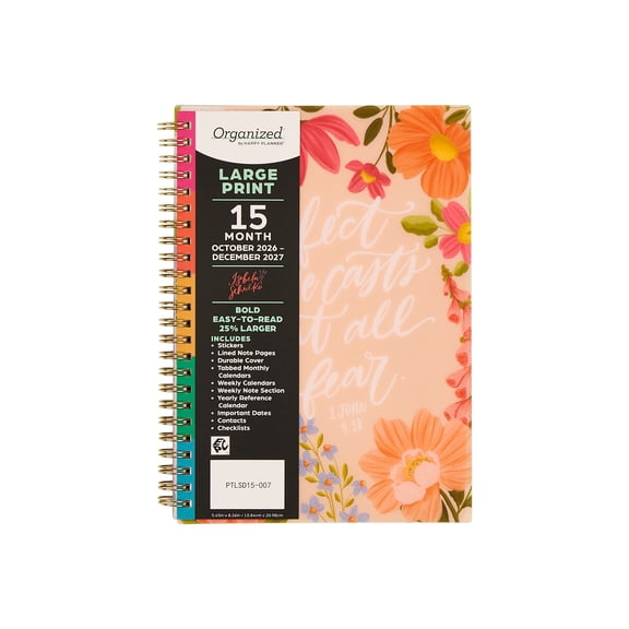 Organized by Happy Planner Monthly Weekly Medium Planner (5.45 x 8.26)Bright Faith Florals 15-Month October 2026-December 2027, Metal Twin Loop Binding