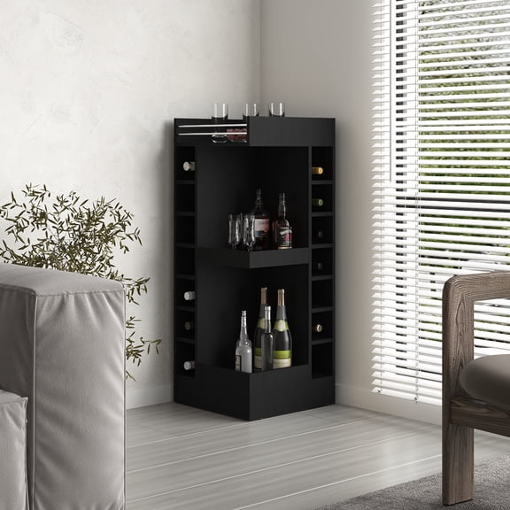46-inch Tall 3-Tier Corner Liquor Cabinet with 14 Cubbies and 2 Open Shelves for Dining Room Use