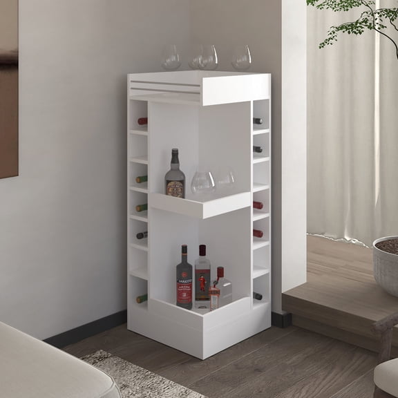 Organized storage solution / In primary living space / Simplifies bar setup